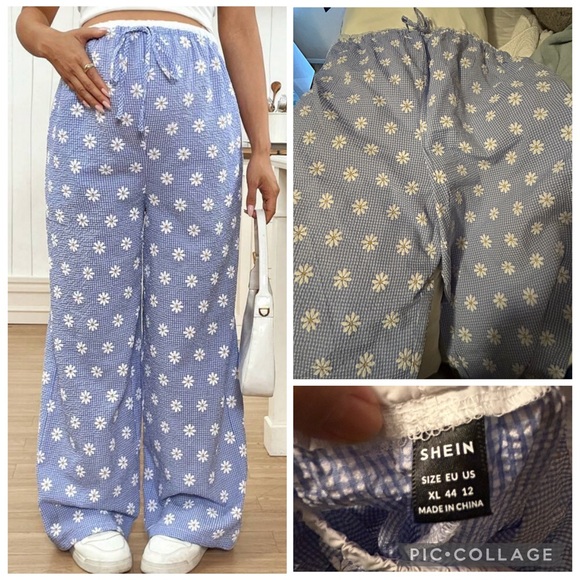SHEIN Blue and White Daisy Print Pants - Picture 1 of 1